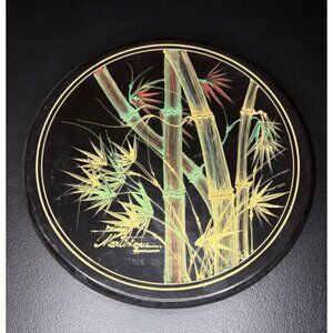 Vintage Japanese Black Lacquer Plate Bamboo Design Hand Painted Signed